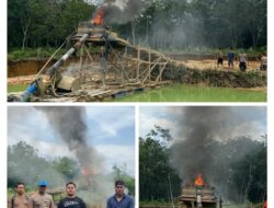 Polsek Kuantan Hilir Tertibkan PETI, 9 Rakit Dimusnahkan di Wilayah Kuantan Hilir Seberang